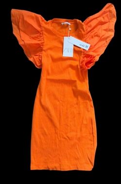 ZARA Orange Flutter-Sleeve Knit Dress